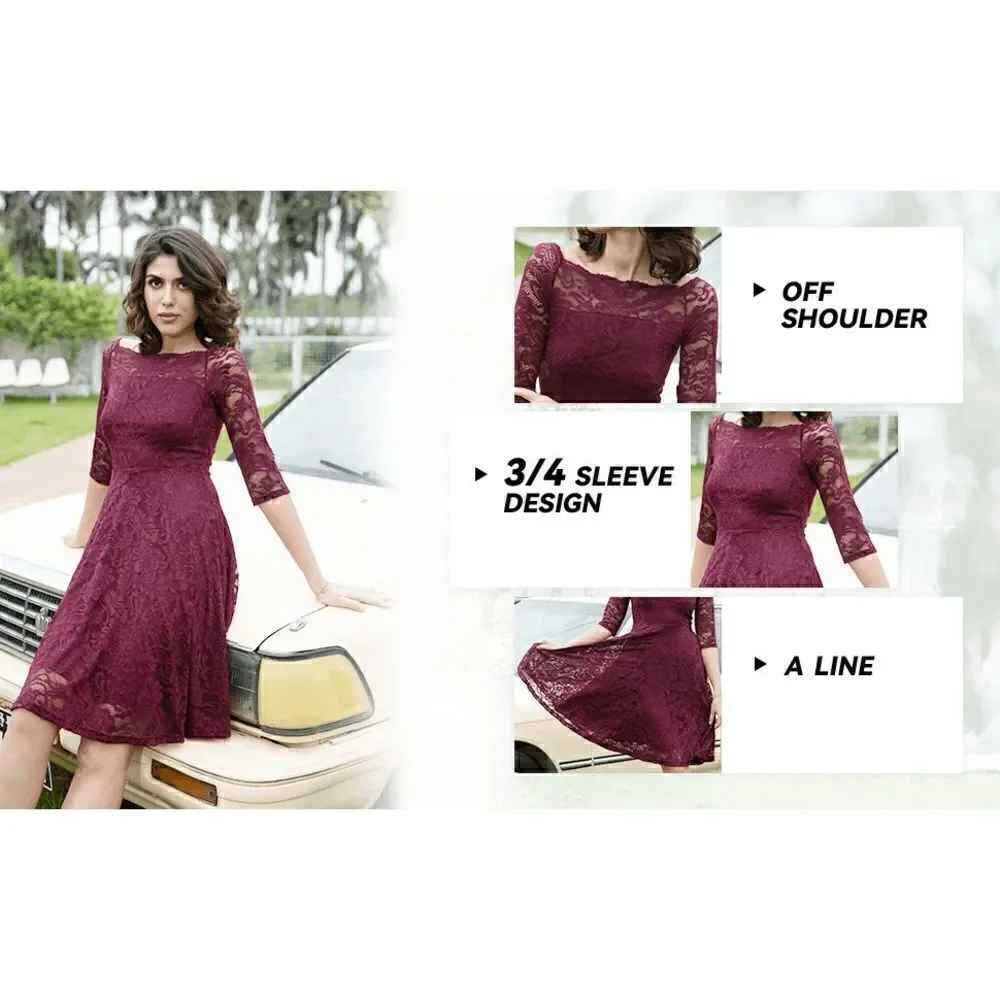 NWT Off Shoulder 3/4 Sleeve Retro Lace Cocktail Formal Bridesmaid Dress SIZE M